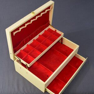 Vintage Jewelry Box Storage Organizer 3-Tiered White Leather Red Velvet Satin